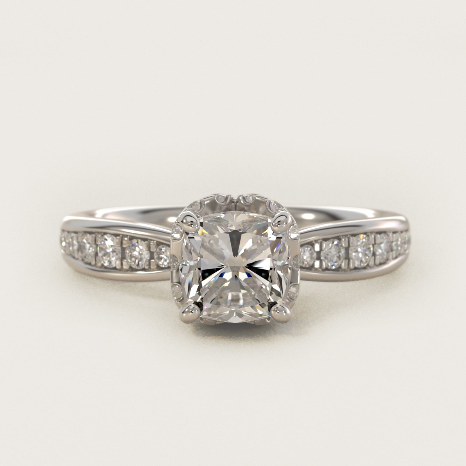 Romantic Six Prong Hidden Halo Diamond Engagement Ring in Platinum (1/5 ct. tw.) - Cushion Center