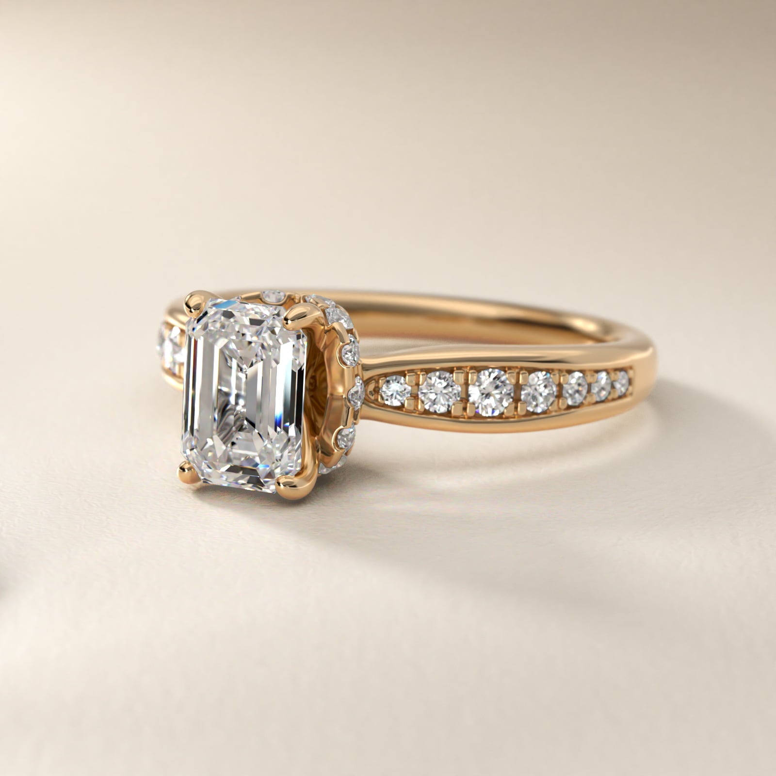 Romantic Six Prong Hidden Halo Diamond Engagement Ring in 14k Yellow Gold (1/5 ct. tw.) - Emerald Center