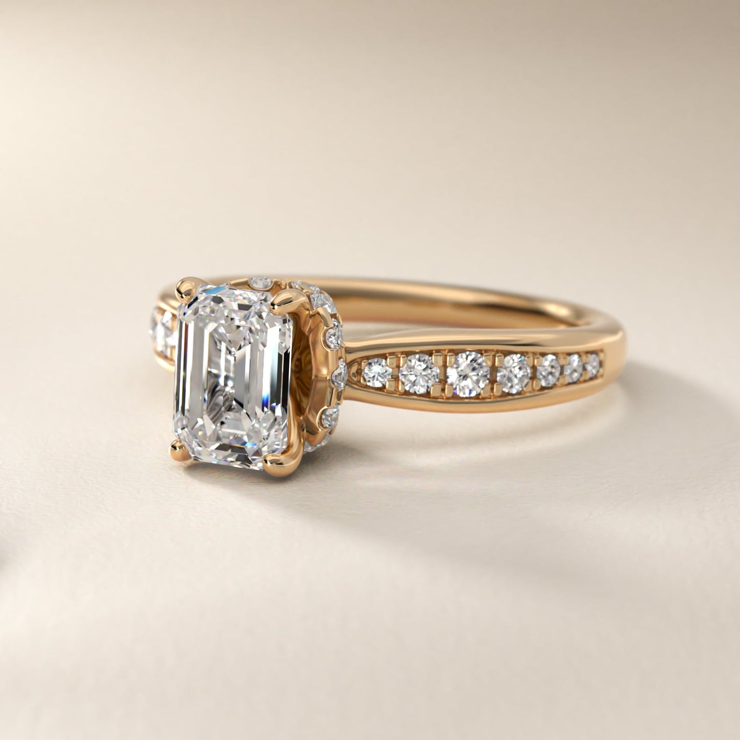 Romantic Six Prong Hidden Halo Diamond Engagement Ring in 18k Yellow Gold (1/5 ct. tw.) - Emerald Center