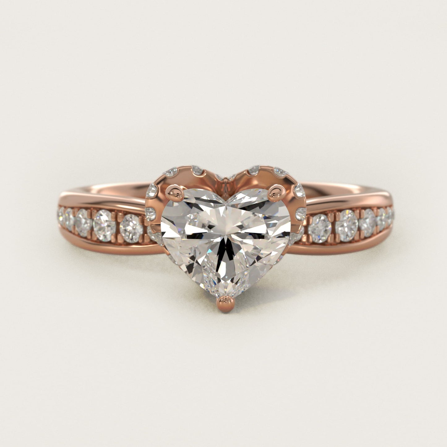 Romantic Six Prong Hidden Halo Diamond Engagement Ring in 18k Rose Gold (1/5 ct. tw.) - Heart Center