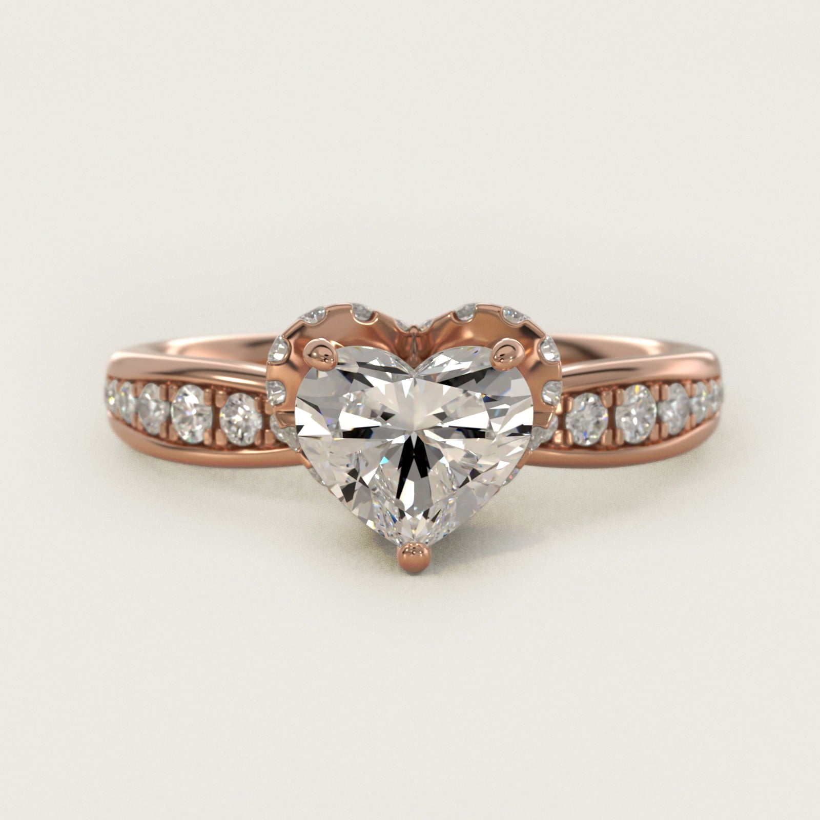 Romantic Six Prong Hidden Halo Diamond Engagement Ring in 18k Rose Gold (1/5 ct. tw.) - Heart Center