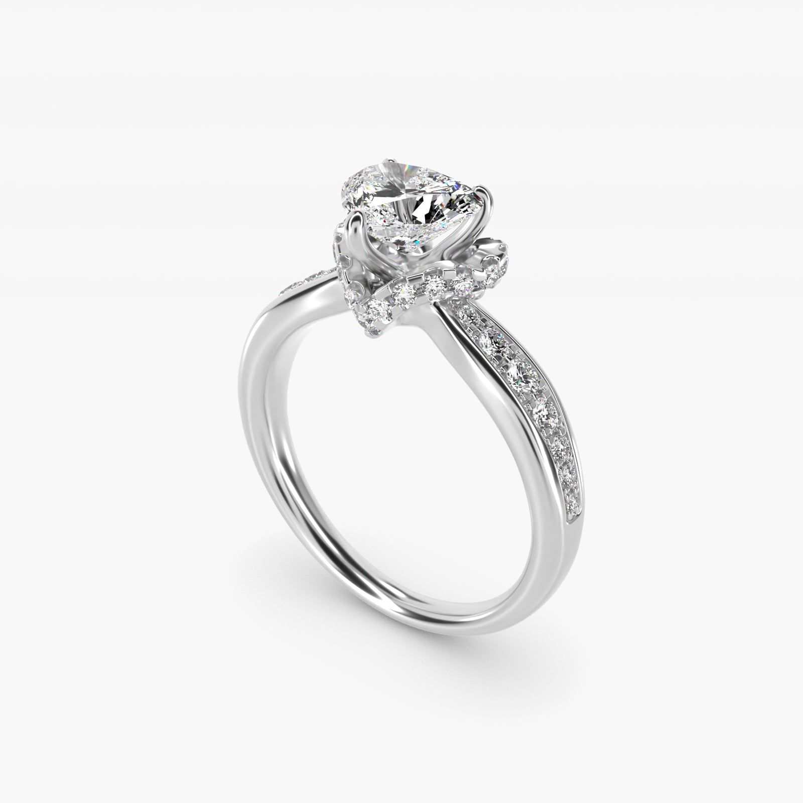 Romantic Six Prong Hidden Halo Diamond Engagement Ring in 18k White Gold (1/5 ct. tw.) - Heart Center