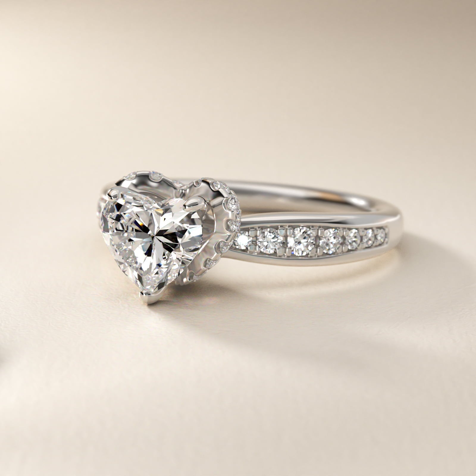 Romantic Six Prong Hidden Halo Diamond Engagement Ring in 18k White Gold (1/5 ct. tw.) - Heart Center