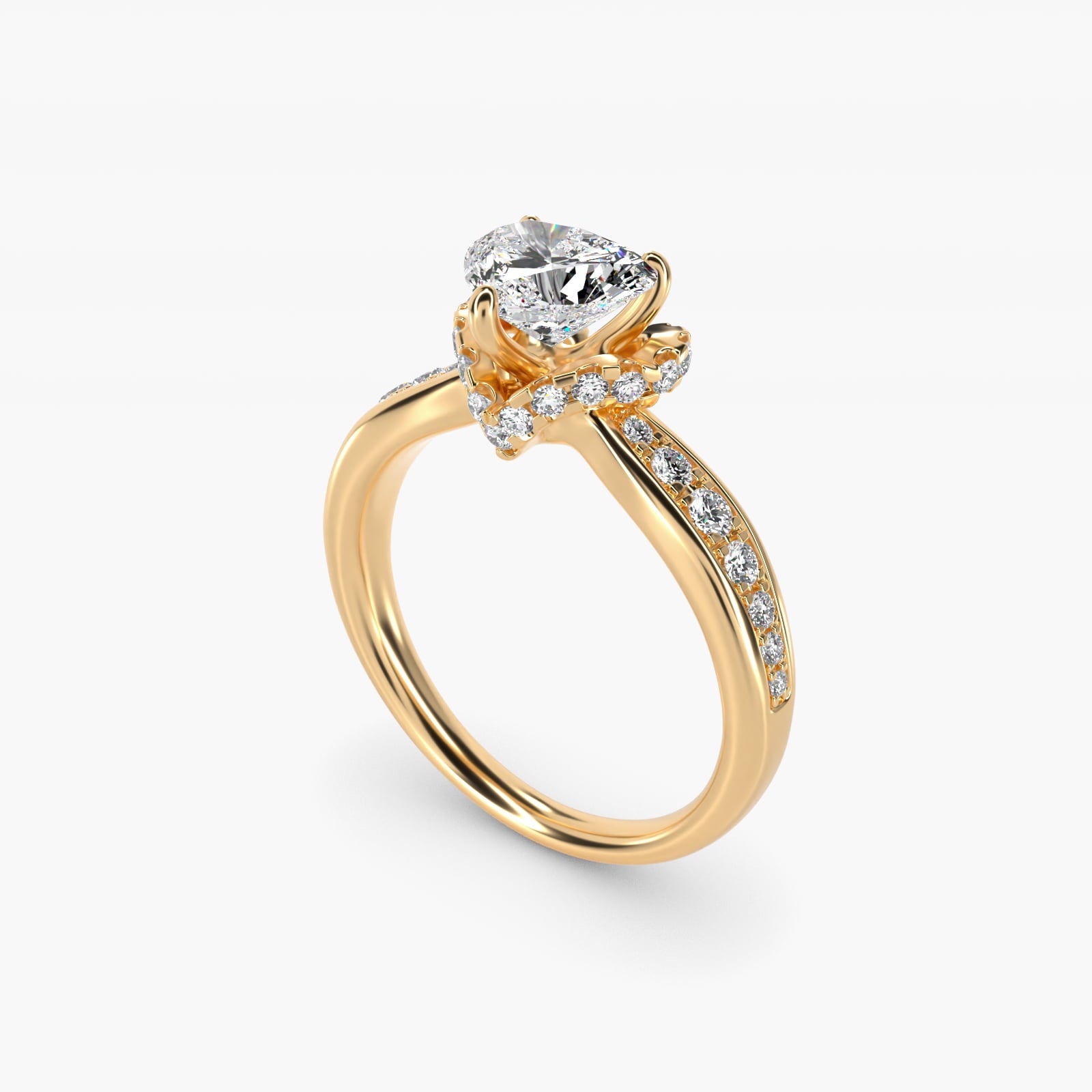Romantic Six Prong Hidden Halo Diamond Engagement Ring in 18k Yellow Gold (1/5 ct. tw.) - Heart Center