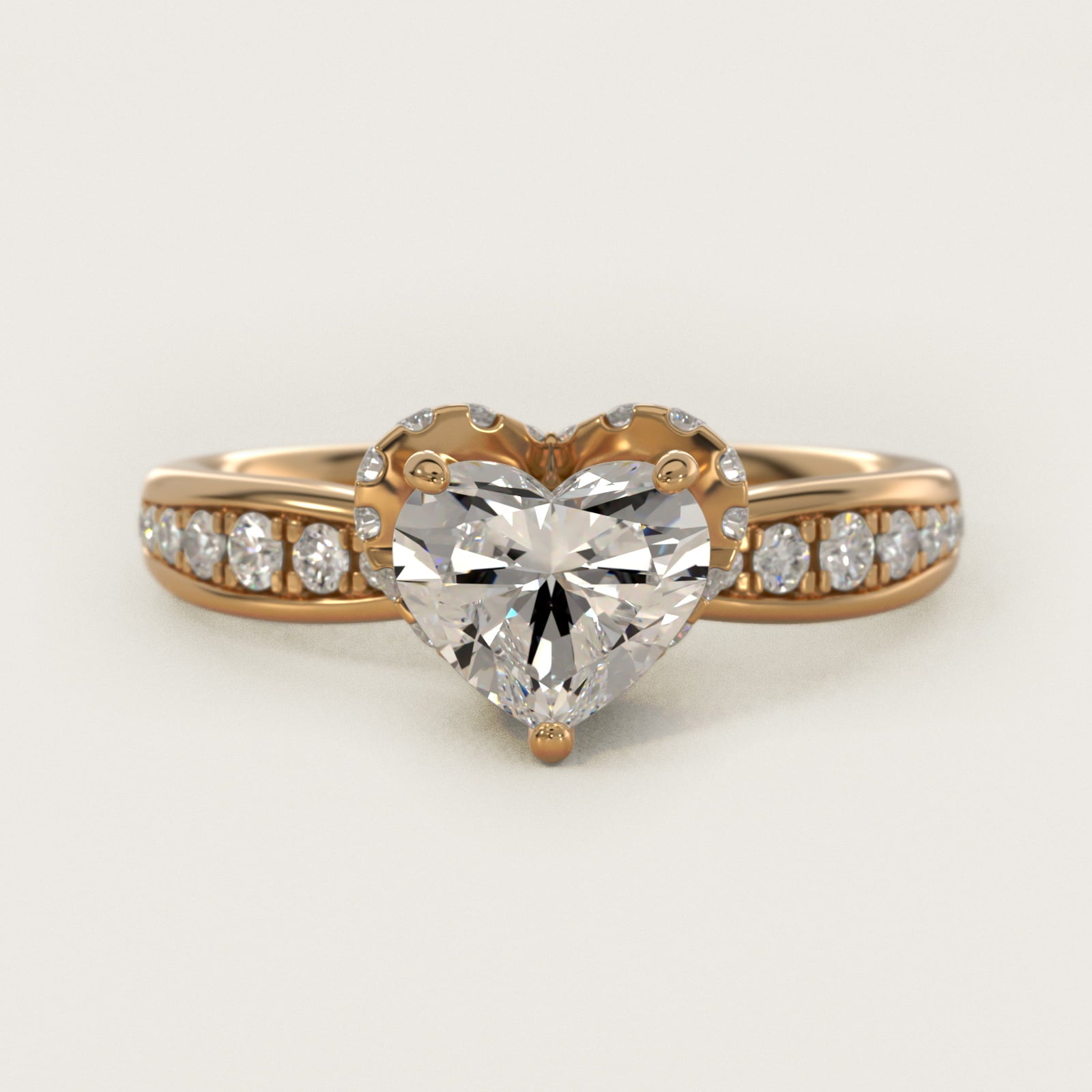 Romantic Six Prong Hidden Halo Diamond Engagement Ring in 18k Yellow Gold (1/5 ct. tw.) - Heart Center