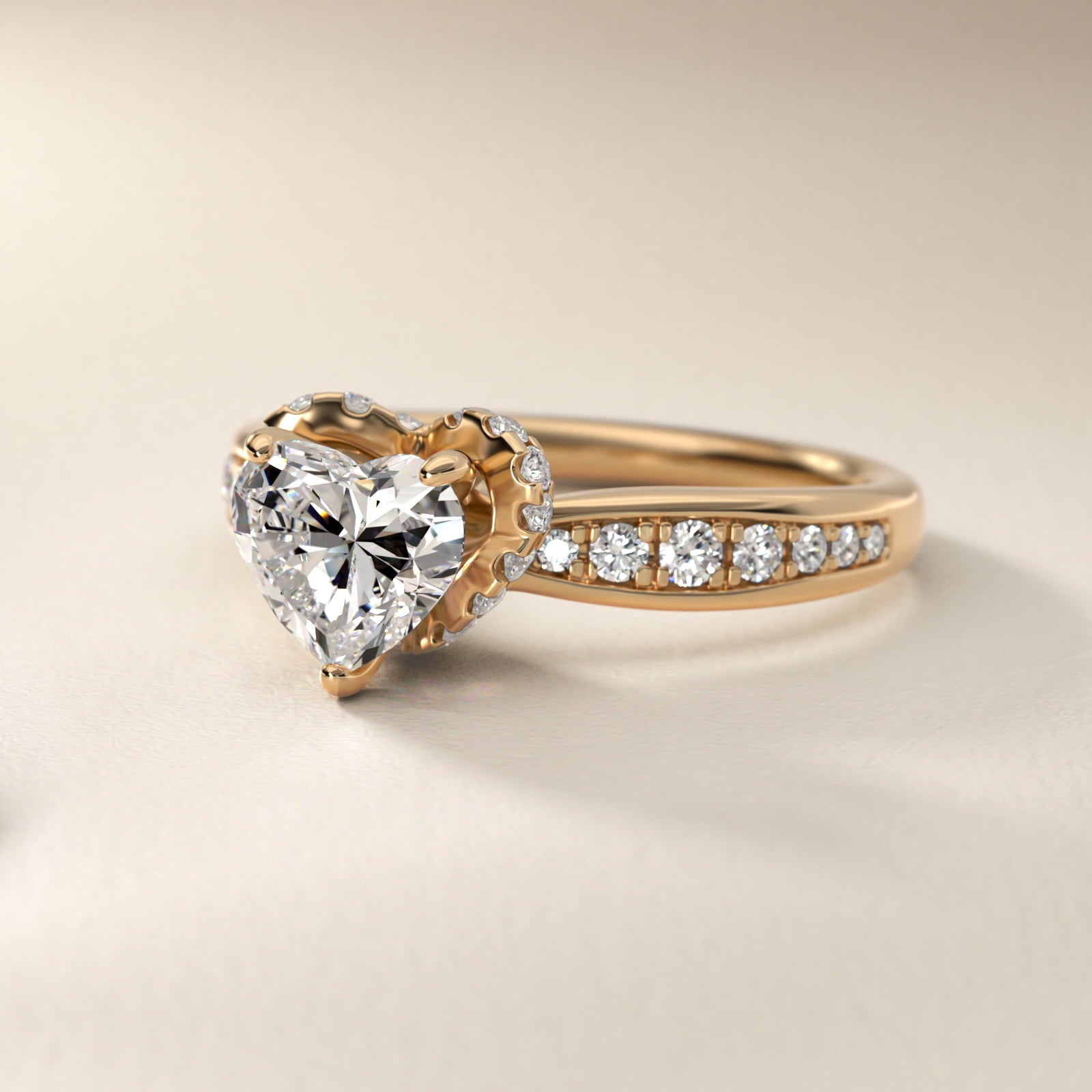 Romantic Six Prong Hidden Halo Diamond Engagement Ring in 14k Yellow Gold (1/5 ct. tw.) - Heart Center