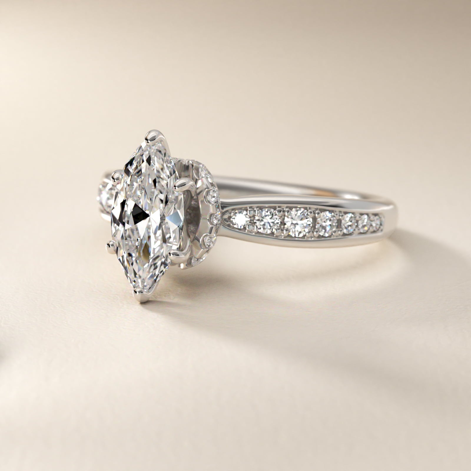 Romantic Six Prong Hidden Halo Diamond Engagement Ring in 14k White Gold (1/5 ct. tw.) - Marquise Center