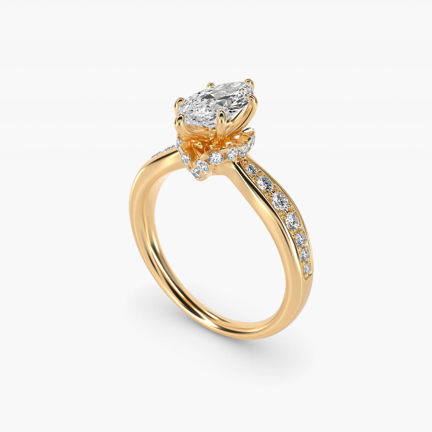 Romantic Six Prong Hidden Halo Diamond Engagement Ring in 14k Yellow Gold (1/5 ct. tw.) - Marquise Center