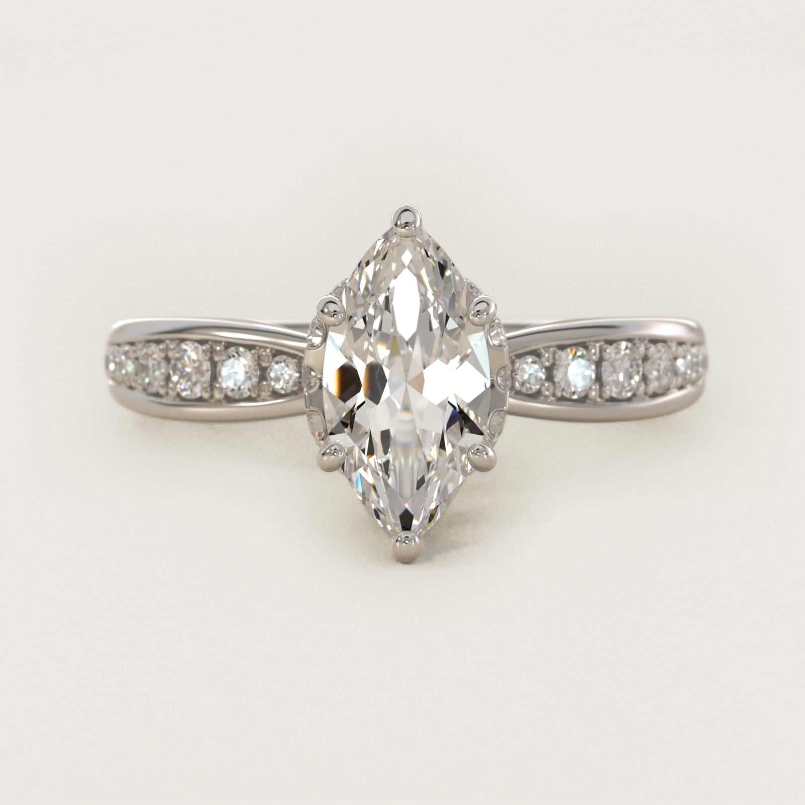 Romantic Six Prong Hidden Halo Diamond Engagement Ring in Platinum (1/5 ct. tw.) - Marquise Center