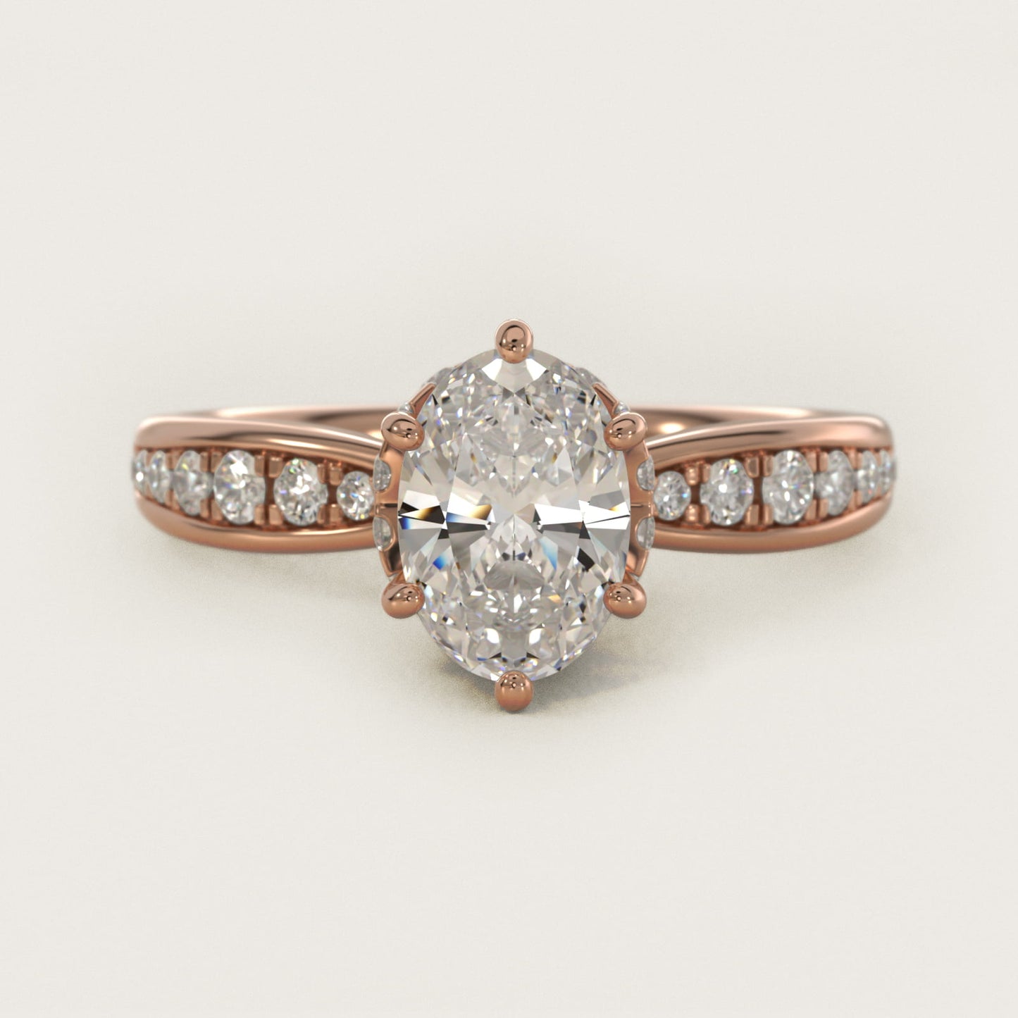 Romantic Six Prong Hidden Halo Diamond Engagement Ring in 18k Rose Gold (1/5 ct. tw.) - Oval Center