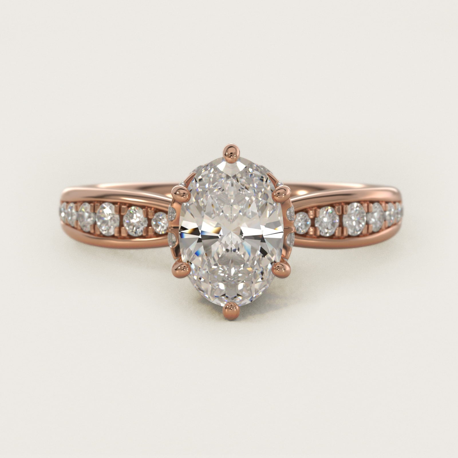 Romantic Six Prong Hidden Halo Diamond Engagement Ring in 18k Rose Gold (1/5 ct. tw.) - Oval Center