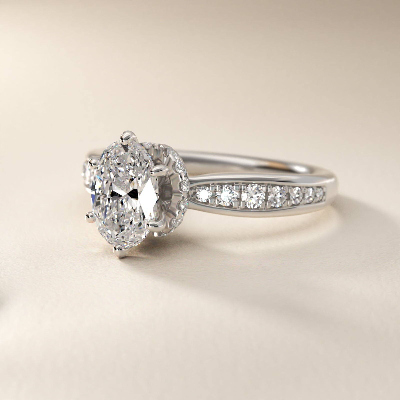 Romantic Six Prong Hidden Halo Diamond Engagement Ring in 14k White Gold (1/5 ct. tw.) - Oval Center