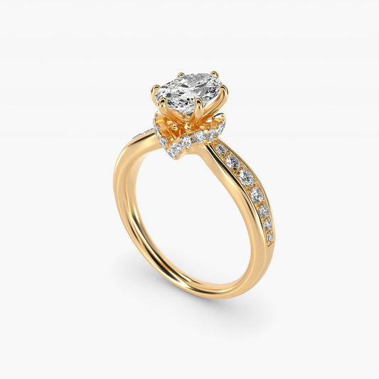 Romantic Six Prong Hidden Halo Diamond Engagement Ring in 14k Yellow Gold (1/5 ct. tw.) - Oval Center