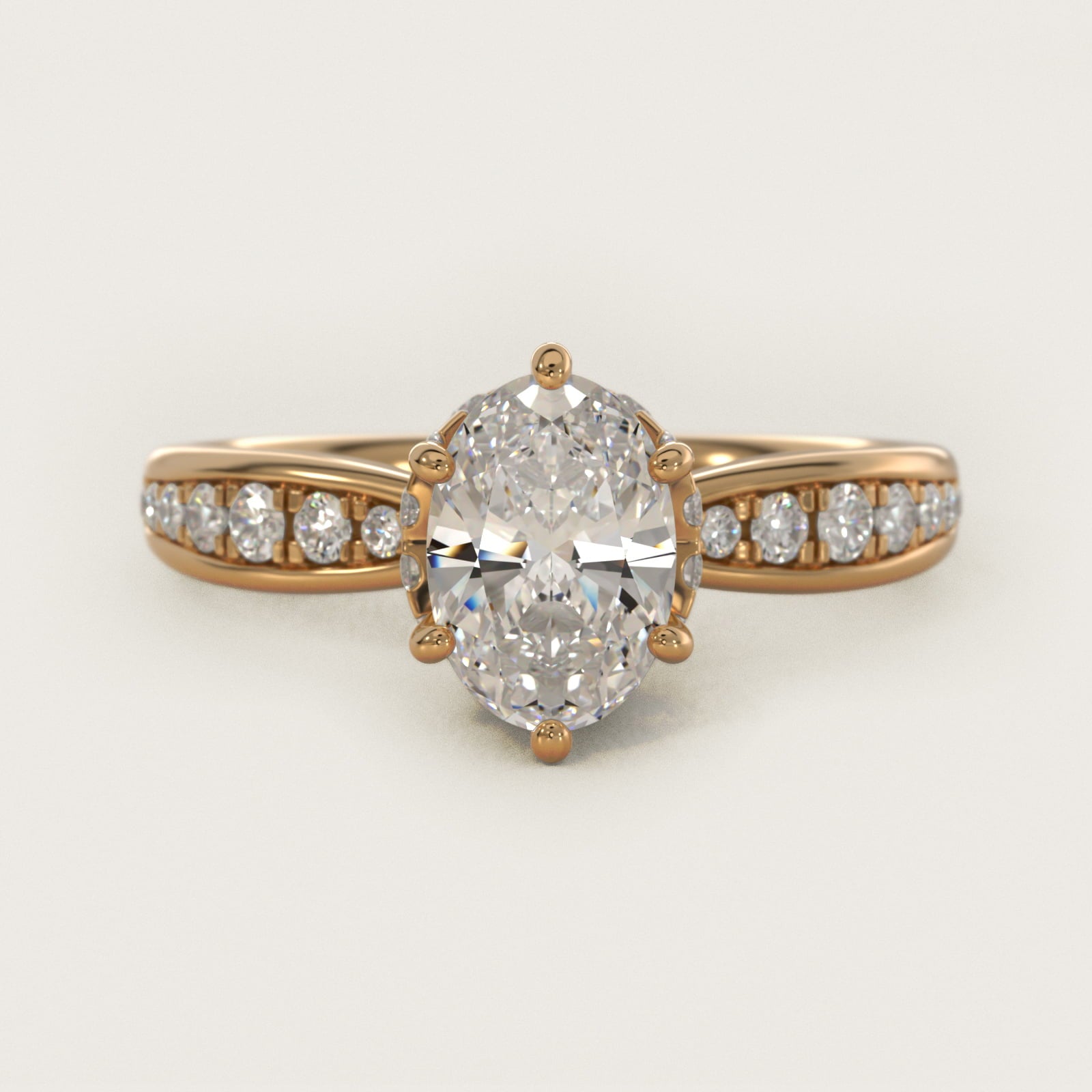 Romantic Six Prong Hidden Halo Diamond Engagement Ring in 18k Yellow Gold (1/5 ct. tw.) - Oval Center