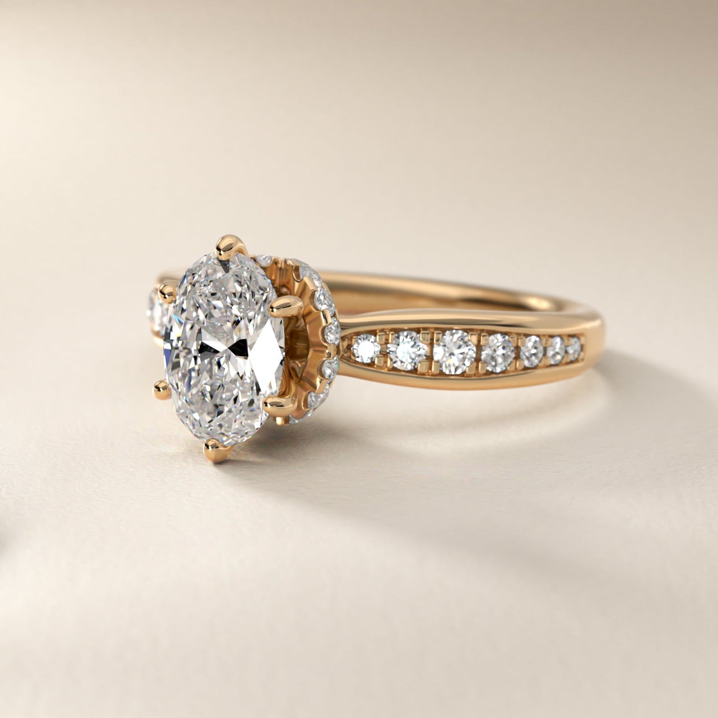 Romantic Six Prong Hidden Halo Diamond Engagement Ring in 14k Yellow Gold (1/5 ct. tw.) - Oval Center