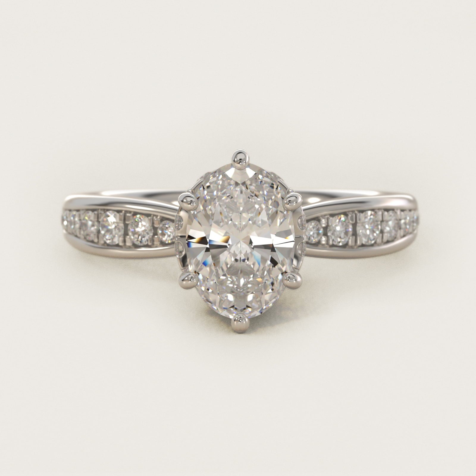 Romantic Six Prong Hidden Halo Diamond Engagement Ring in Platinum (1/5 ct. tw.) - Oval Center