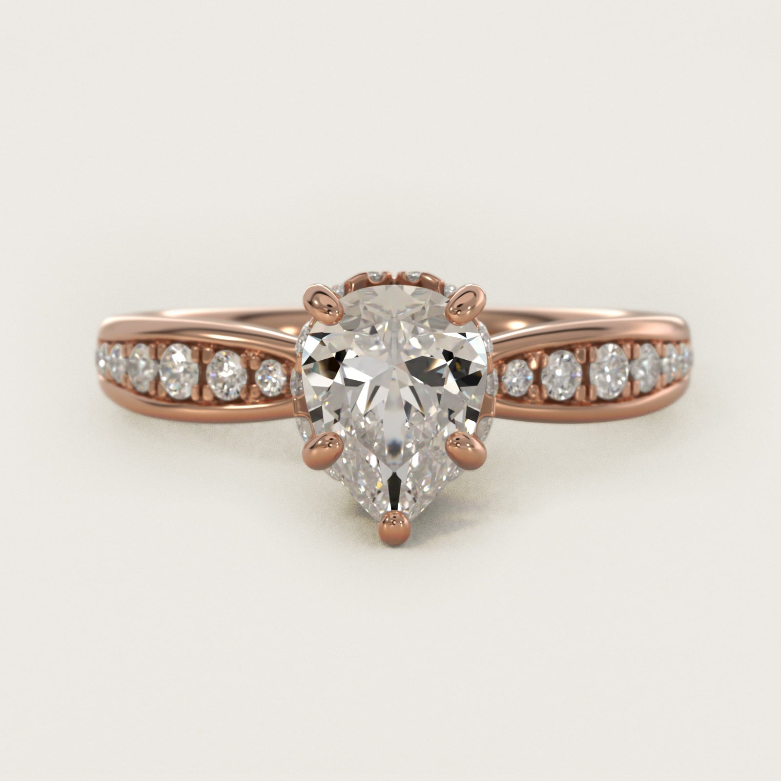 Romantic Six Prong Hidden Halo Diamond Engagement Ring in 18k Rose Gold (1/5 ct. tw.) - Pear Center
