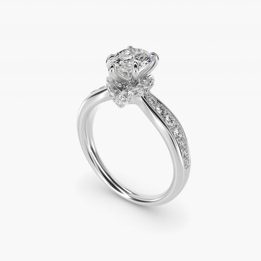Romantic Six Prong Hidden Halo Diamond Engagement Ring in 18k White Gold (1/5 ct. tw.) - Pear Center