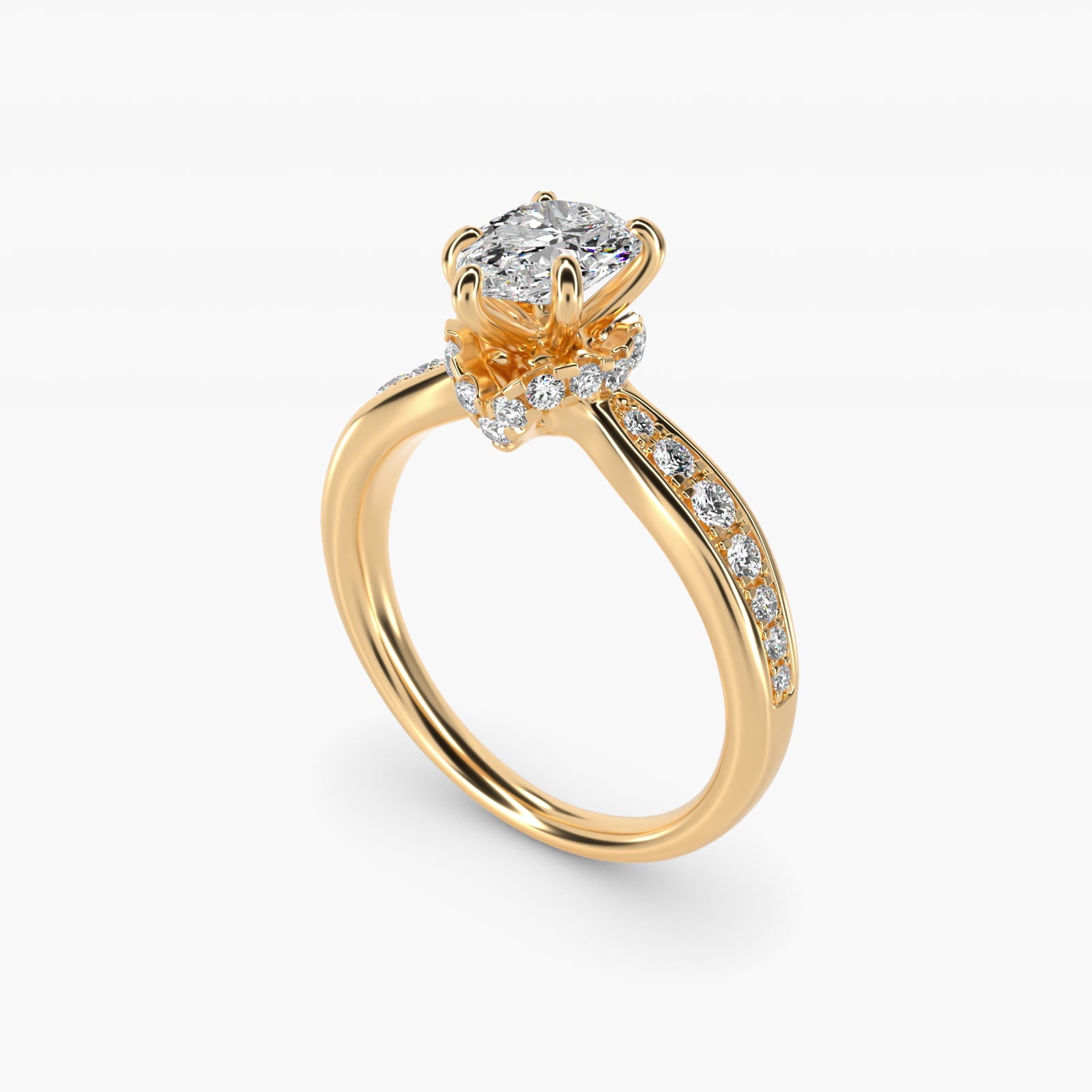Romantic Six Prong Hidden Halo Diamond Engagement Ring in 18k Yellow Gold (1/5 ct. tw.) - Pear Center