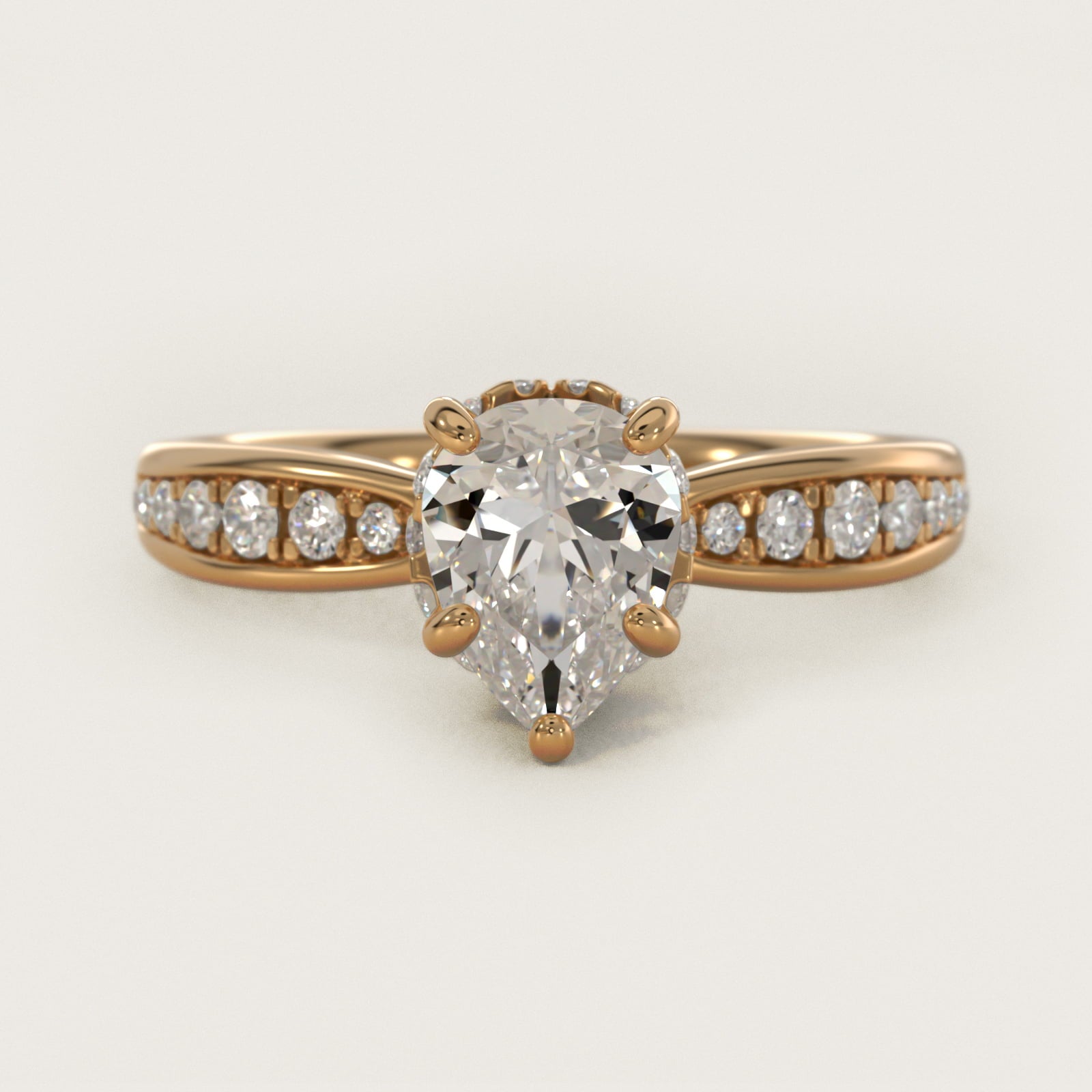 Romantic Six Prong Hidden Halo Diamond Engagement Ring in 18k Yellow Gold (1/5 ct. tw.) - Pear Center