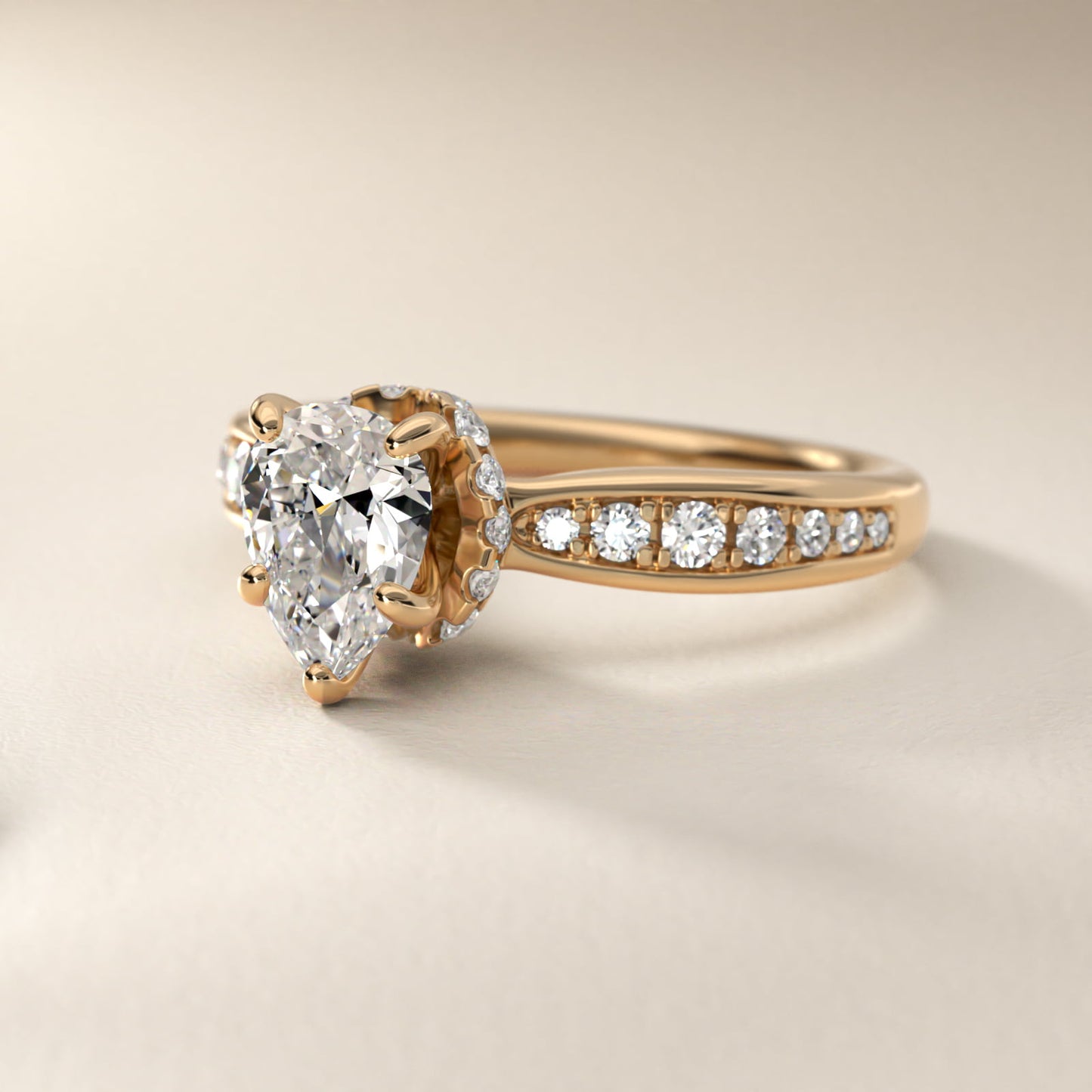 Romantic Six Prong Hidden Halo Diamond Engagement Ring in 14k Yellow Gold (1/5 ct. tw.) - Pear Center