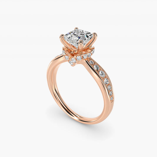 Romantic Six Prong Hidden Halo Diamond Engagement Ring in 18k Rose Gold (1/5 ct. tw.) - Princess Center
