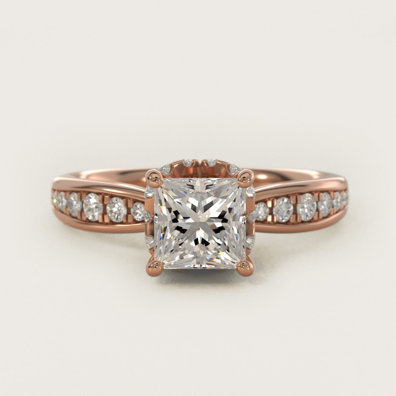 Romantic Six Prong Hidden Halo Diamond Engagement Ring in 14k Rose Gold (1/5 ct. tw.) - Princess Center