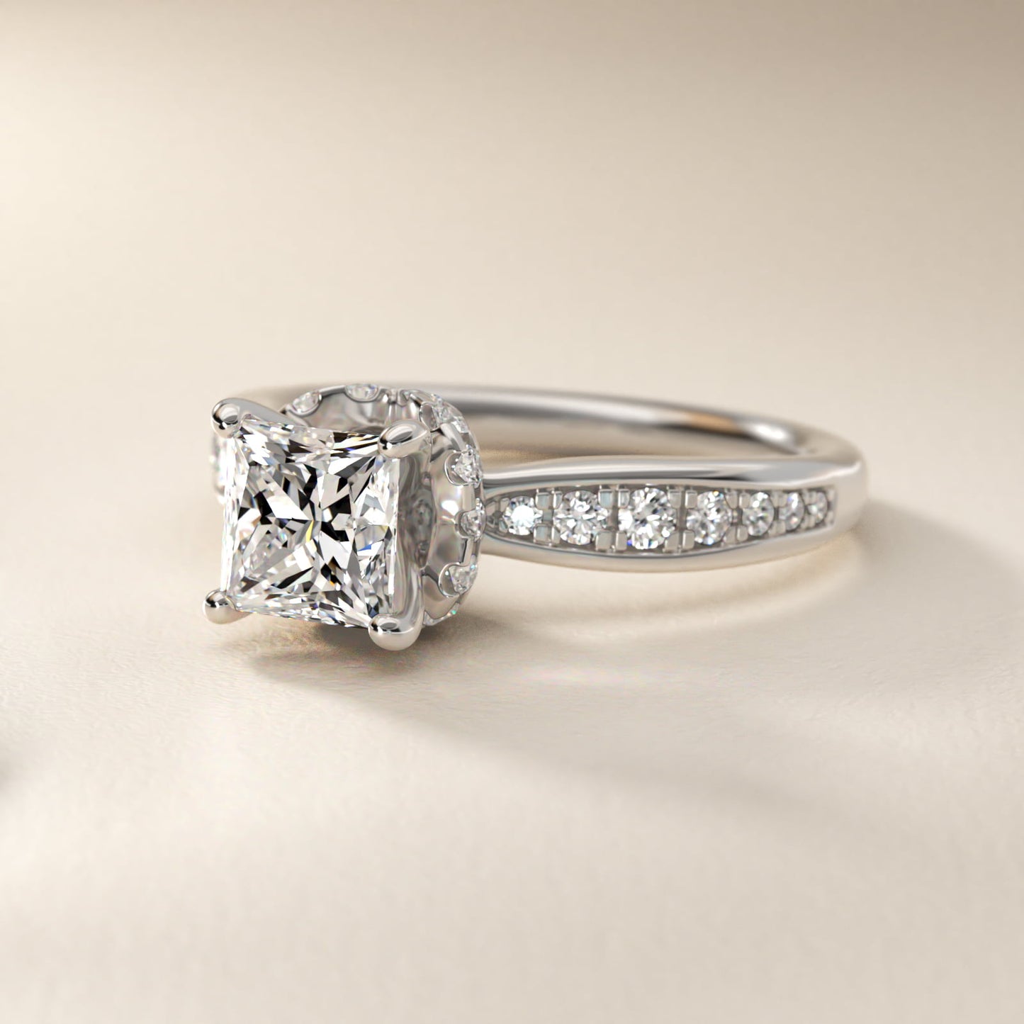 Romantic Six Prong Hidden Halo Diamond Engagement Ring in 18k White Gold (1/5 ct. tw.) - Princess Center