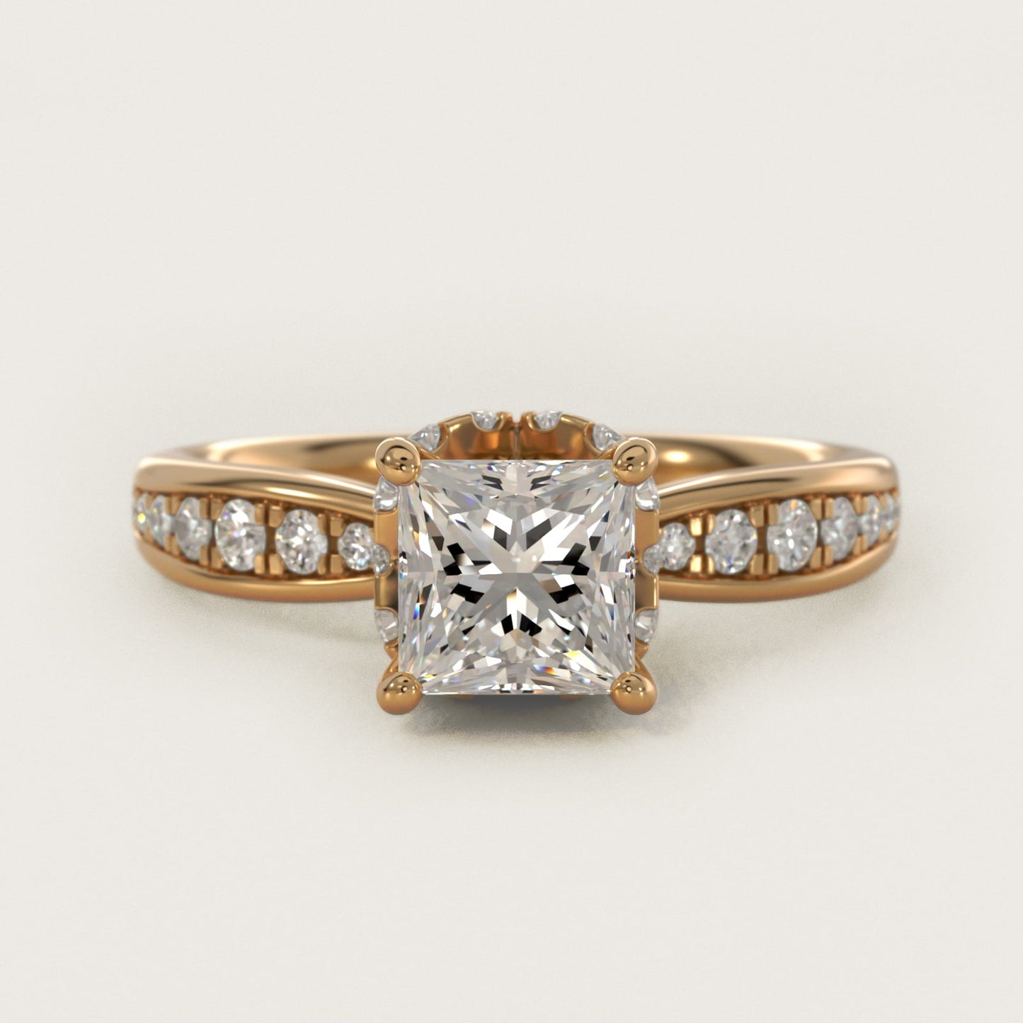 Romantic Six Prong Hidden Halo Diamond Engagement Ring in 14k Yellow Gold (1/5 ct. tw.) - Princess Center