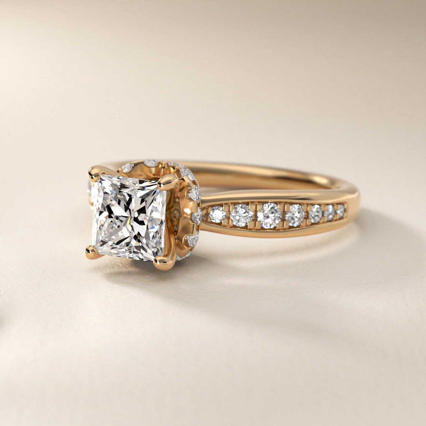 Romantic Six Prong Hidden Halo Diamond Engagement Ring in 14k Yellow Gold (1/5 ct. tw.) - Princess Center