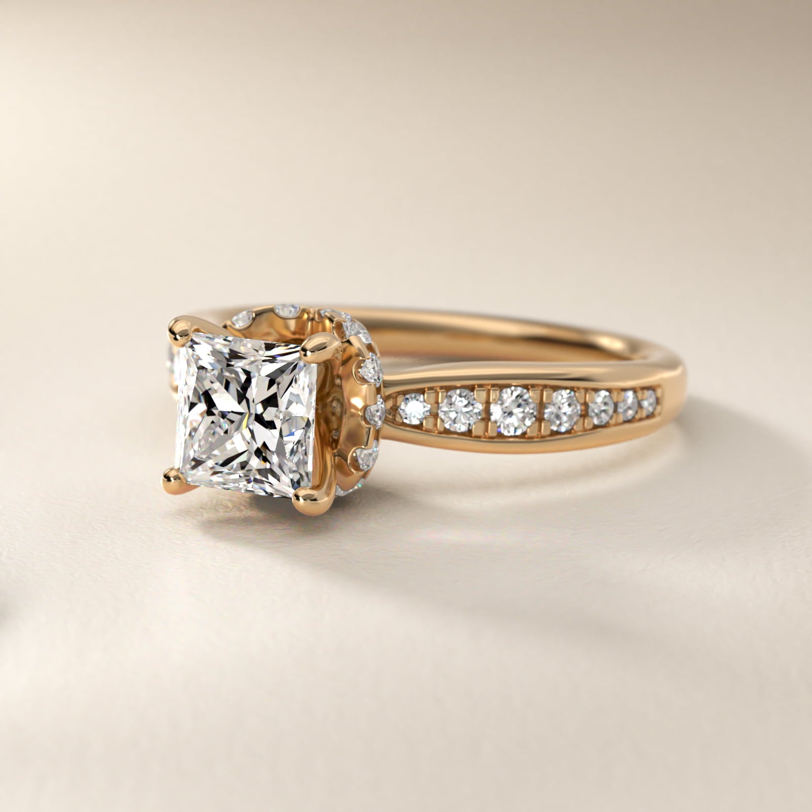Romantic Six Prong Hidden Halo Diamond Engagement Ring in 14k Yellow Gold (1/5 ct. tw.) - Princess Center