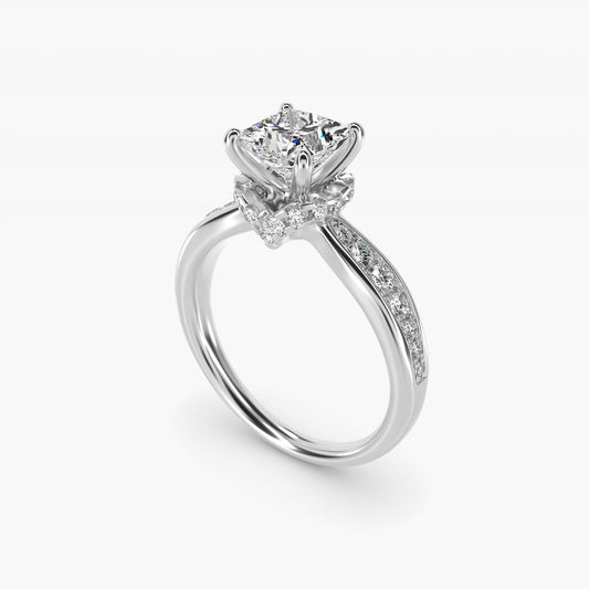 Romantic Six Prong Hidden Halo Diamond Engagement Ring in Platinum (1/5 ct. tw.) - Princess Center
