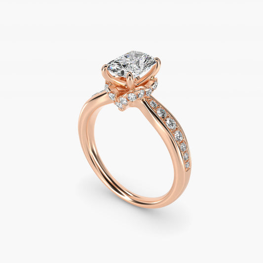 Romantic Six Prong Hidden Halo Diamond Engagement Ring in 14k Rose Gold (1/5 ct. tw.) - Radiant Center