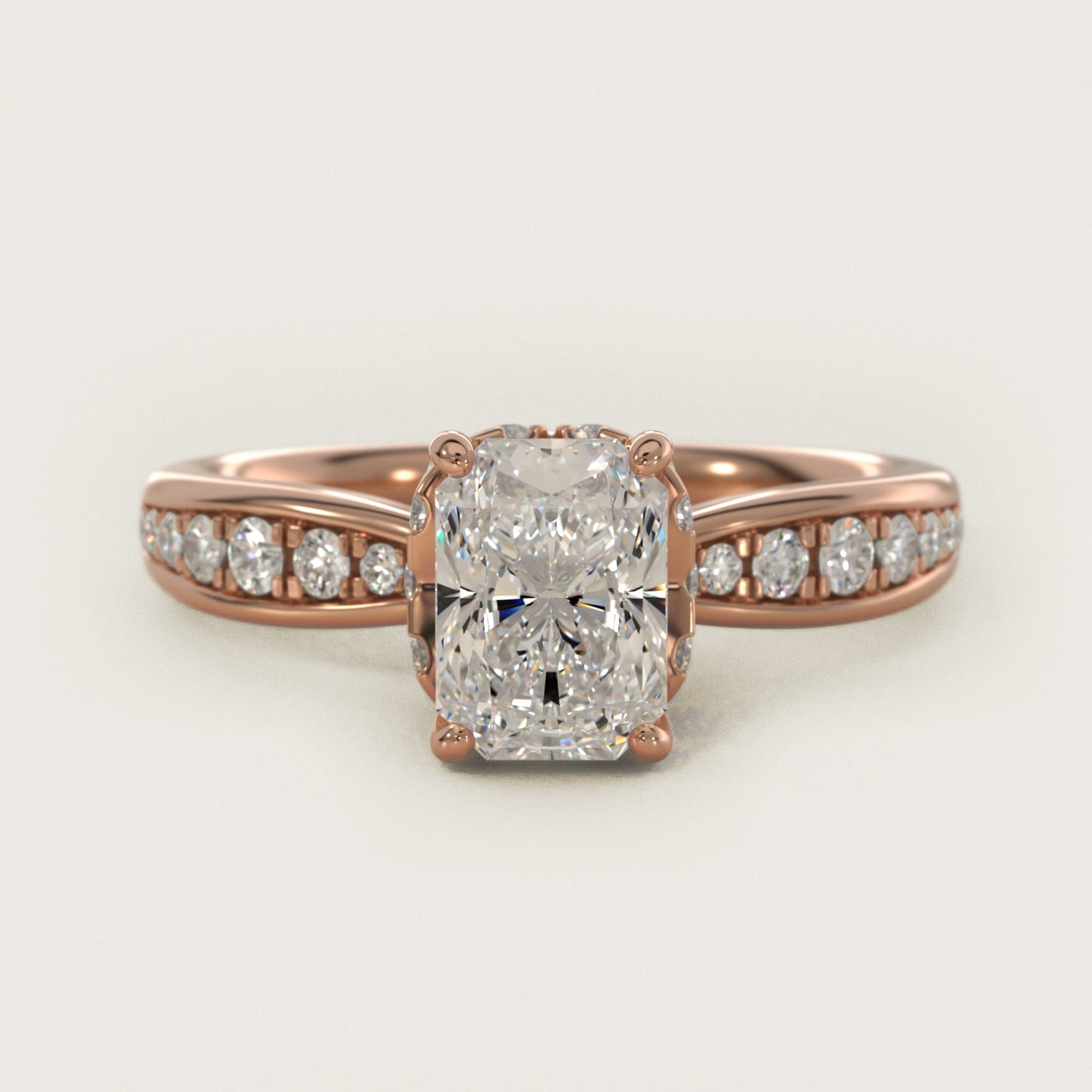 Romantic Six Prong Hidden Halo Diamond Engagement Ring in 14k Rose Gold (1/5 ct. tw.) - Radiant Center