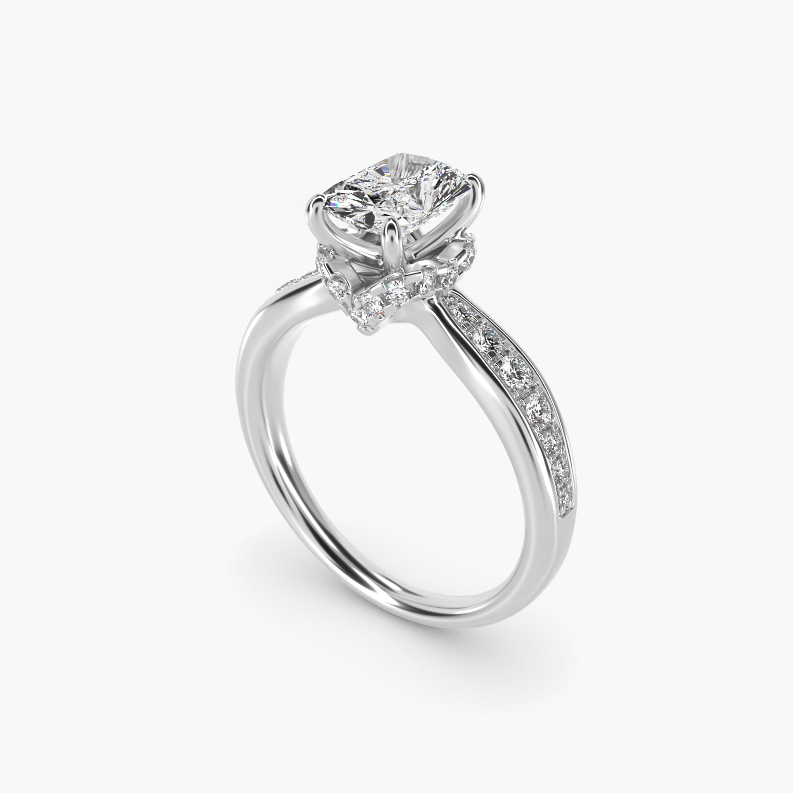Romantic Six Prong Hidden Halo Diamond Engagement Ring in 18k White Gold (1/5 ct. tw.) - Radiant Center
