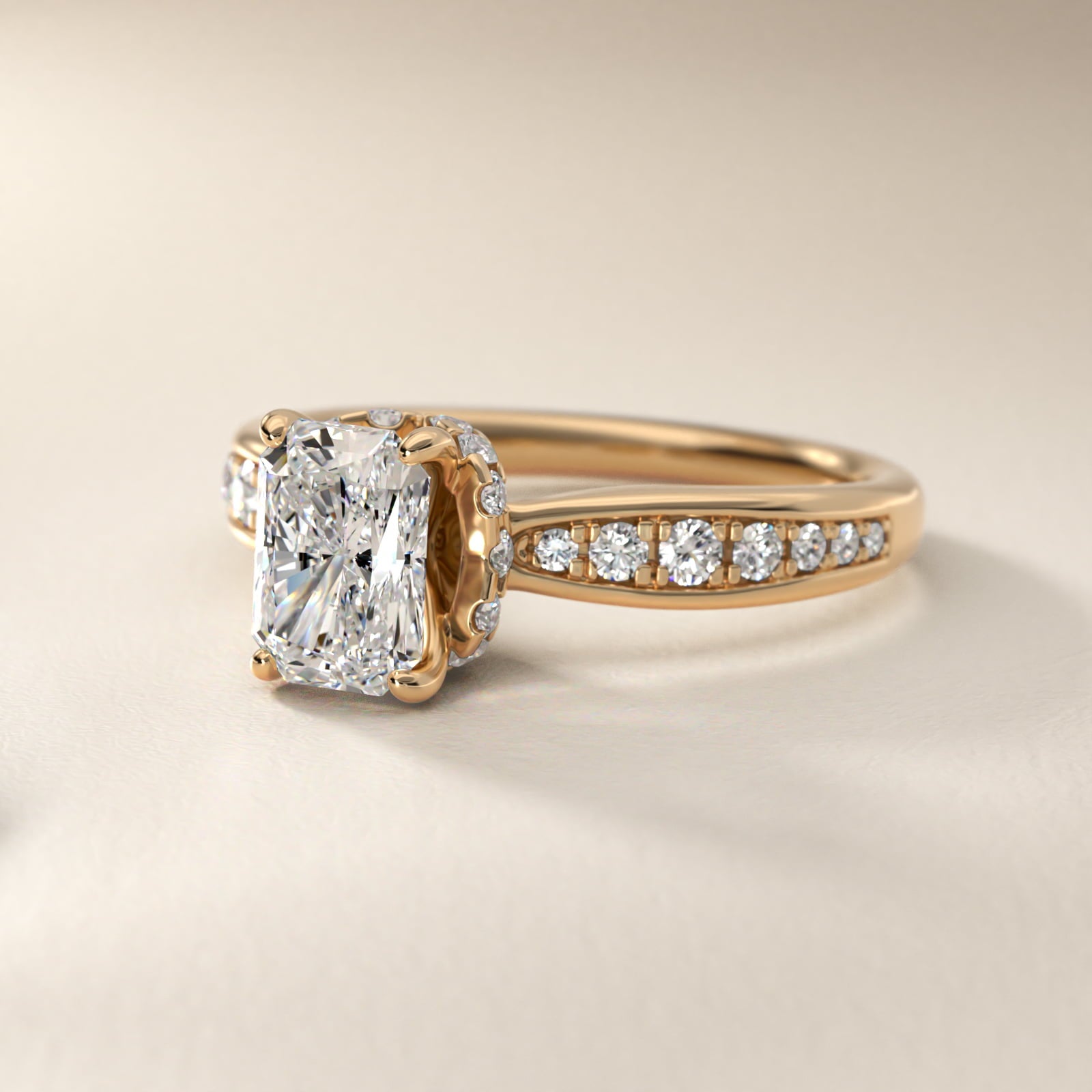 Romantic Six Prong Hidden Halo Diamond Engagement Ring in 14k Yellow Gold (1/5 ct. tw.) - Radiant Center