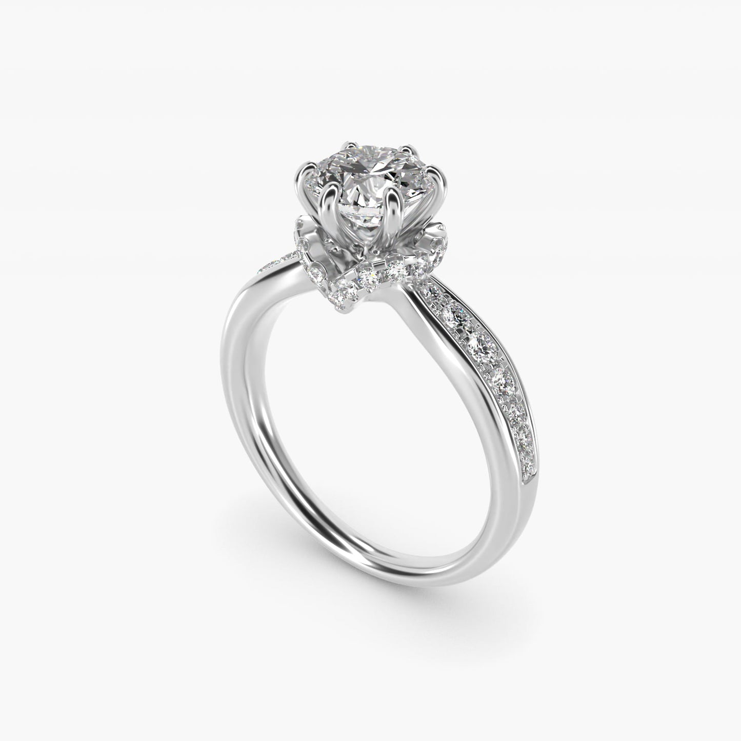 Romantic Six Prong Hidden Halo Diamond Engagement Ring in 14k White Gold (1/5 ct. tw.) - Round Center