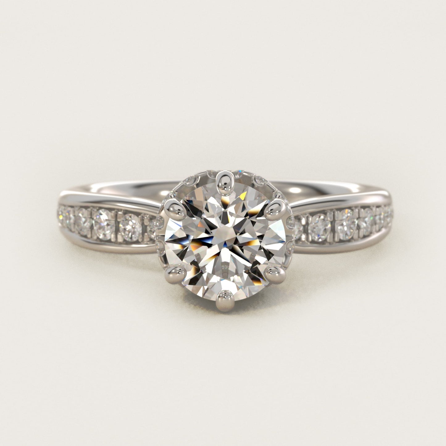 Romantic Six Prong Hidden Halo Diamond Engagement Ring in 18k White Gold (1/5 ct. tw.) - Round Center