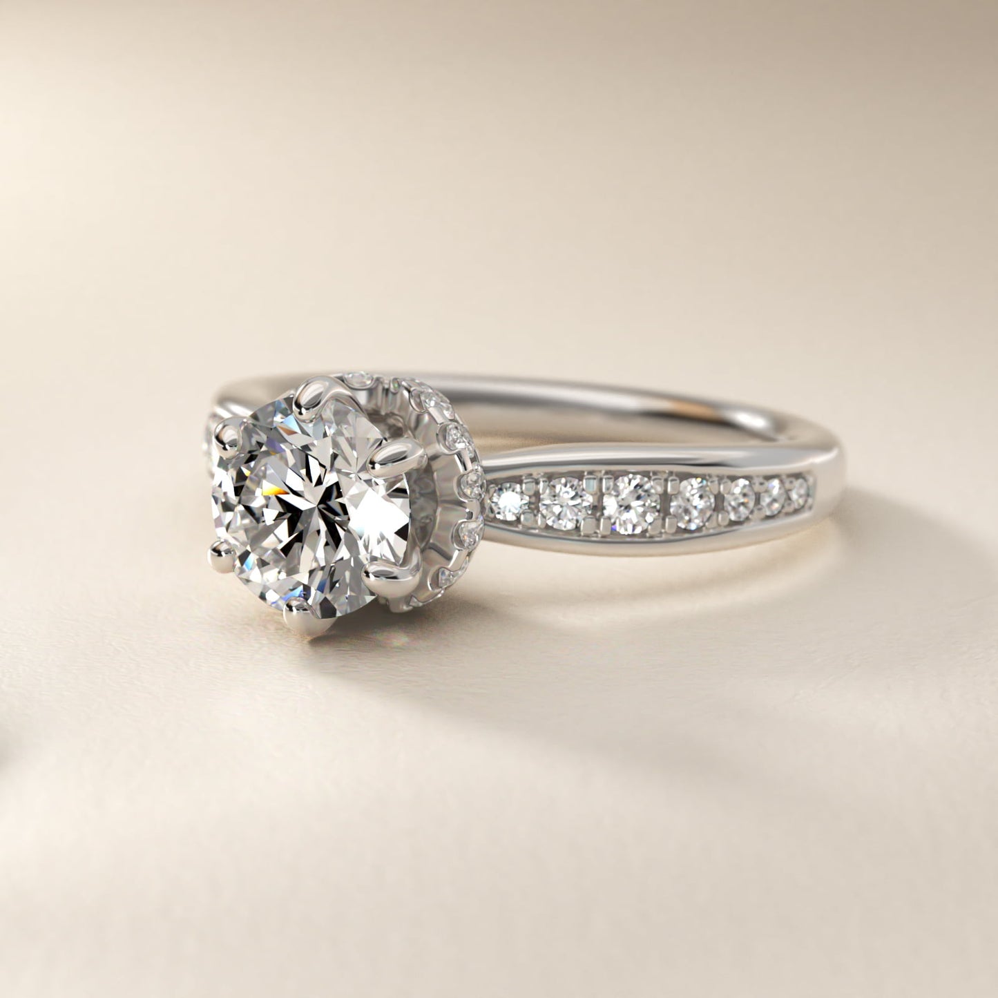 Romantic Six Prong Hidden Halo Diamond Engagement Ring in 14k White Gold (1/5 ct. tw.) - Round Center