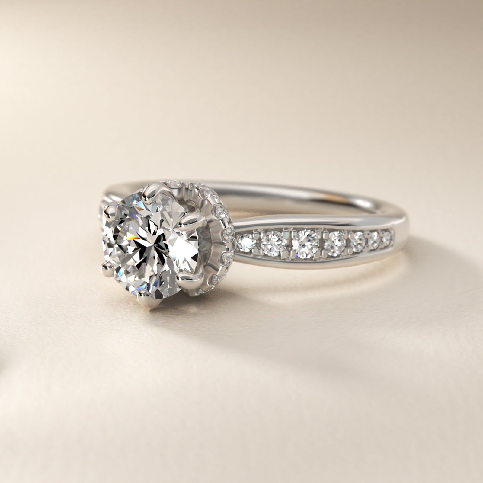 Romantic Six Prong Hidden Halo Diamond Engagement Ring in 14k White Gold (1/5 ct. tw.) - Round Center