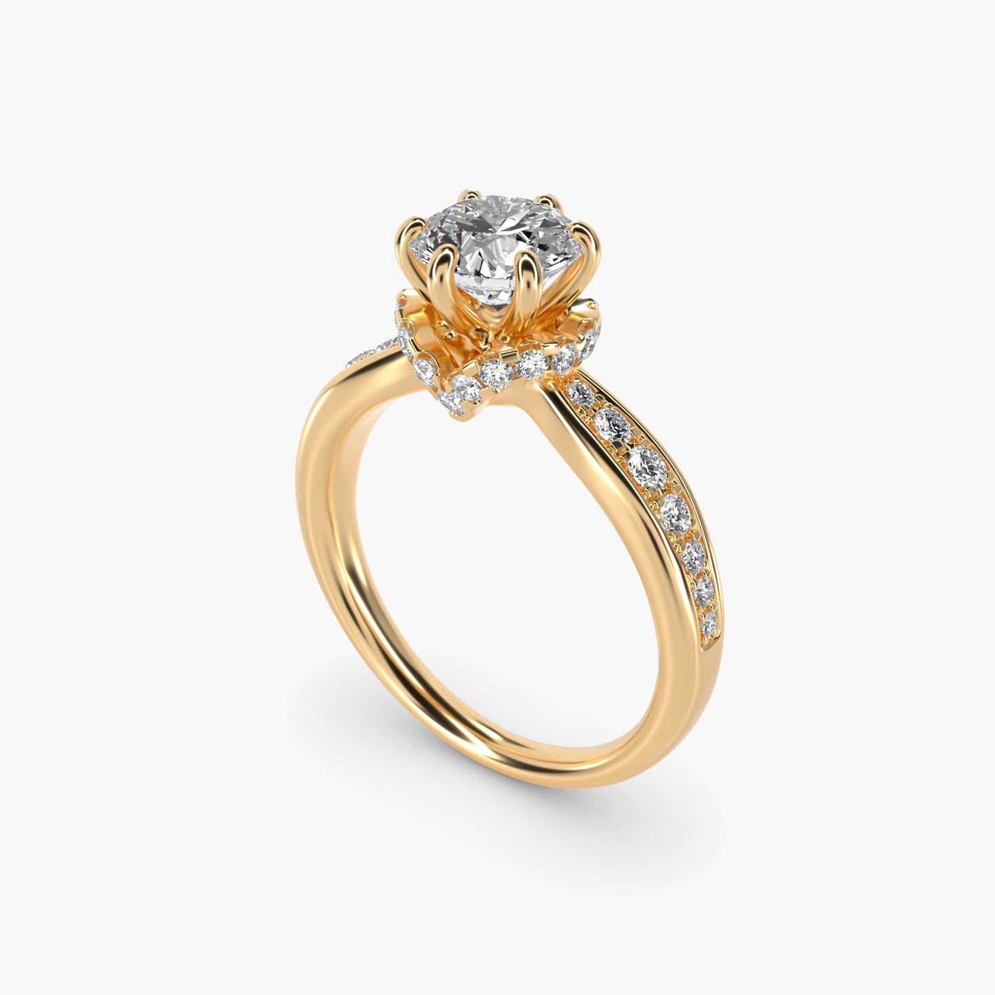 Romantic Six Prong Hidden Halo Diamond Engagement Ring in 18k Yellow Gold (1/5 ct. tw.) - Round Center