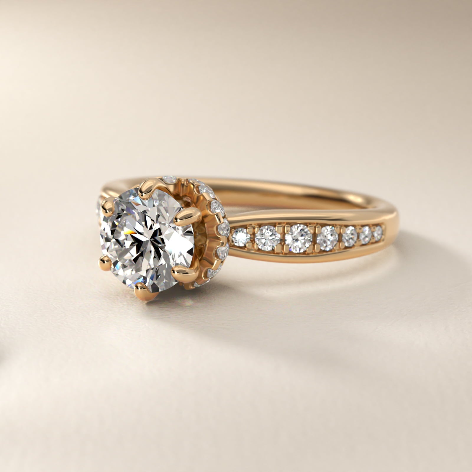 Romantic Six Prong Hidden Halo Diamond Engagement Ring in 14k Yellow Gold (1/5 ct. tw.) - Round Center