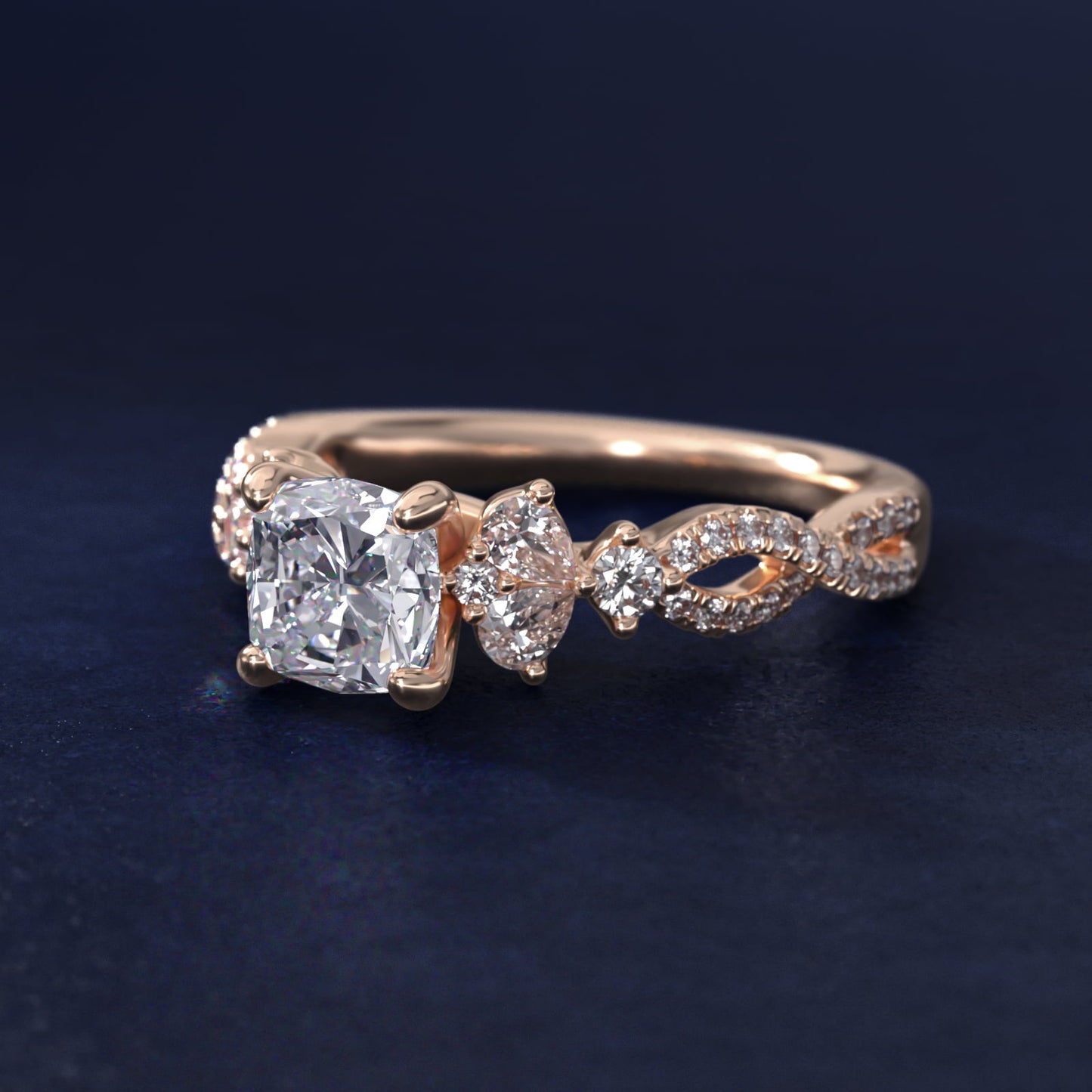 Romantic Twist Diamond Pear Accent Engagement Ring in 14k Rose Gold (1/4 ct. tw.) - Cushion Center