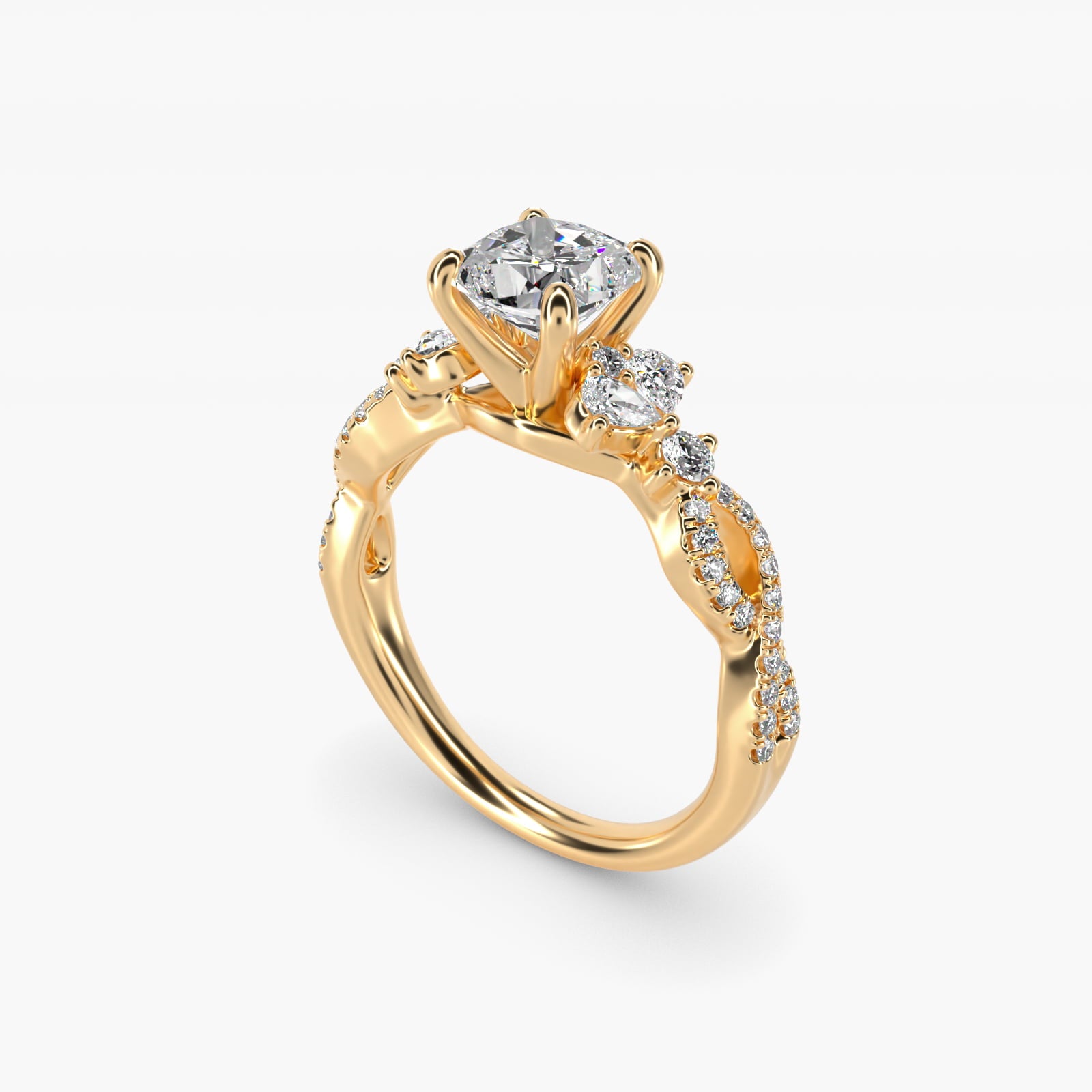 Romantic Twist Diamond Pear Accent Engagement Ring in 14k Yellow Gold (1/4 ct. tw.) - Cushion Center