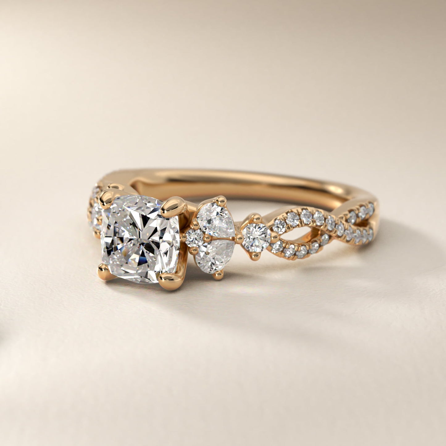Romantic Twist Diamond Pear Accent Engagement Ring in 14k Yellow Gold (1/4 ct. tw.) - Cushion Center