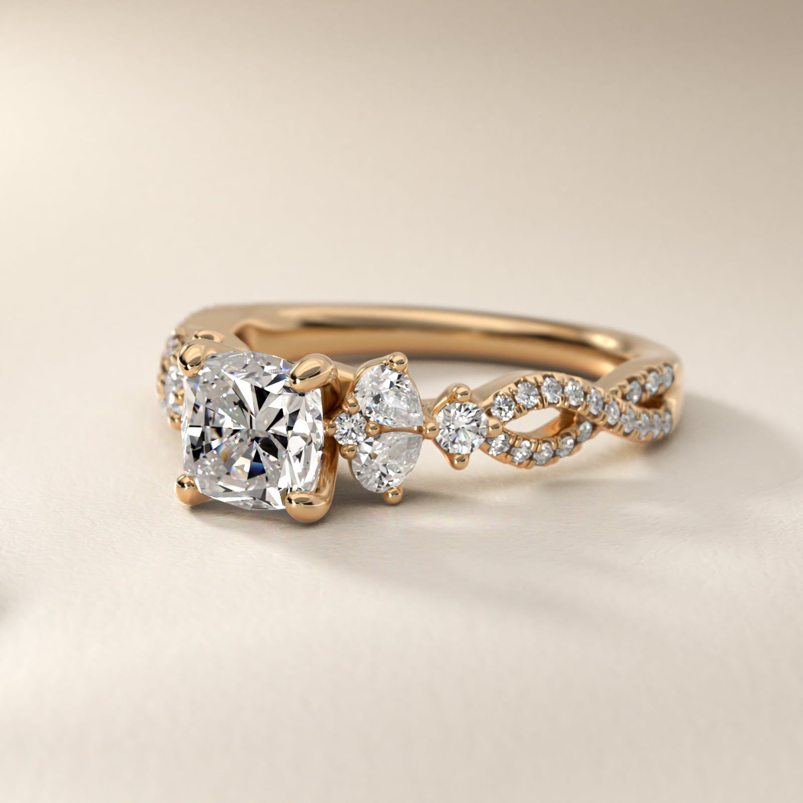 Romantic Twist Diamond Pear Accent Engagement Ring in 18k Yellow Gold (1/4 ct. tw.) - Cushion Center