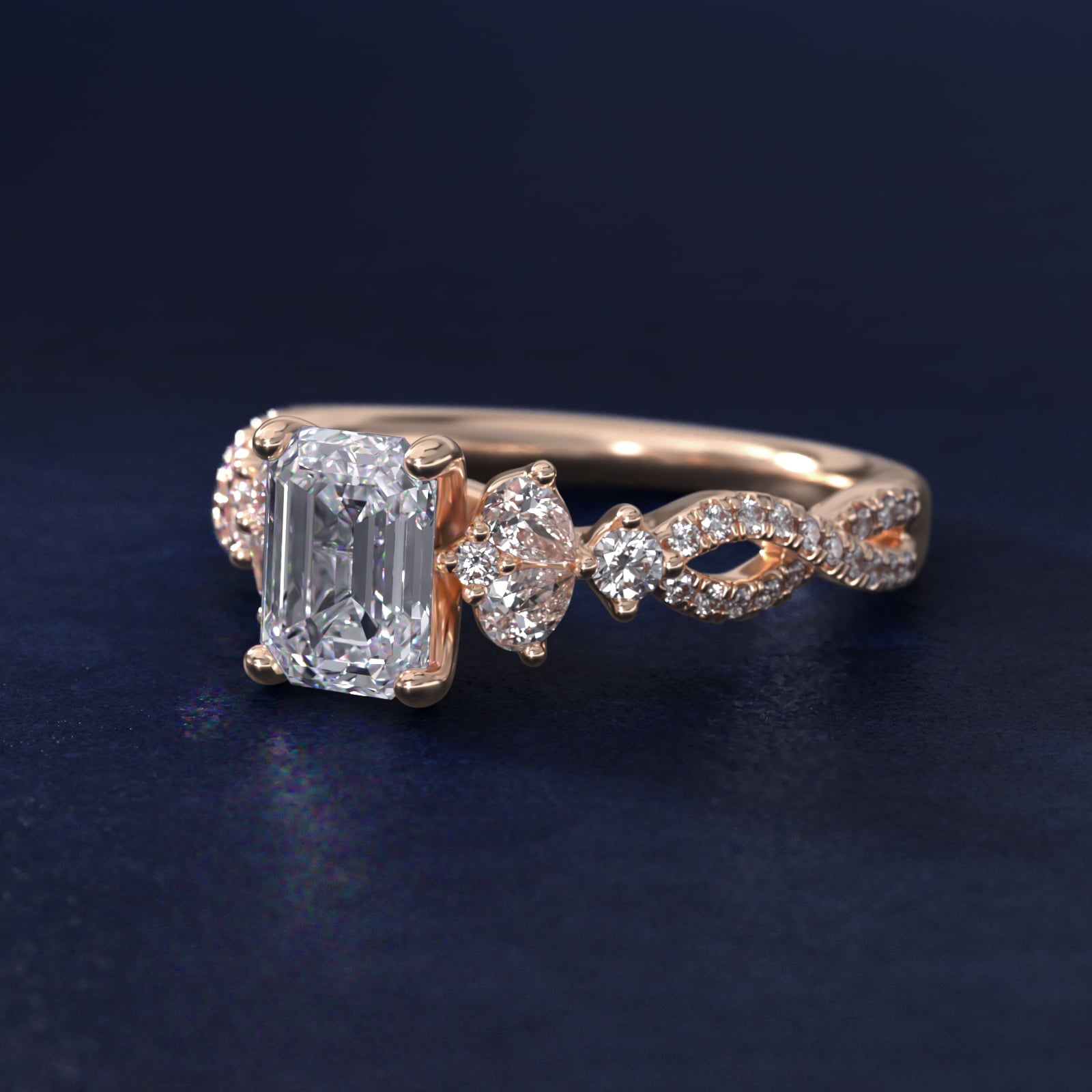Romantic Twist Diamond Pear Accent Engagement Ring in 18k Rose Gold (1/4 ct. tw.) - Emerald Center