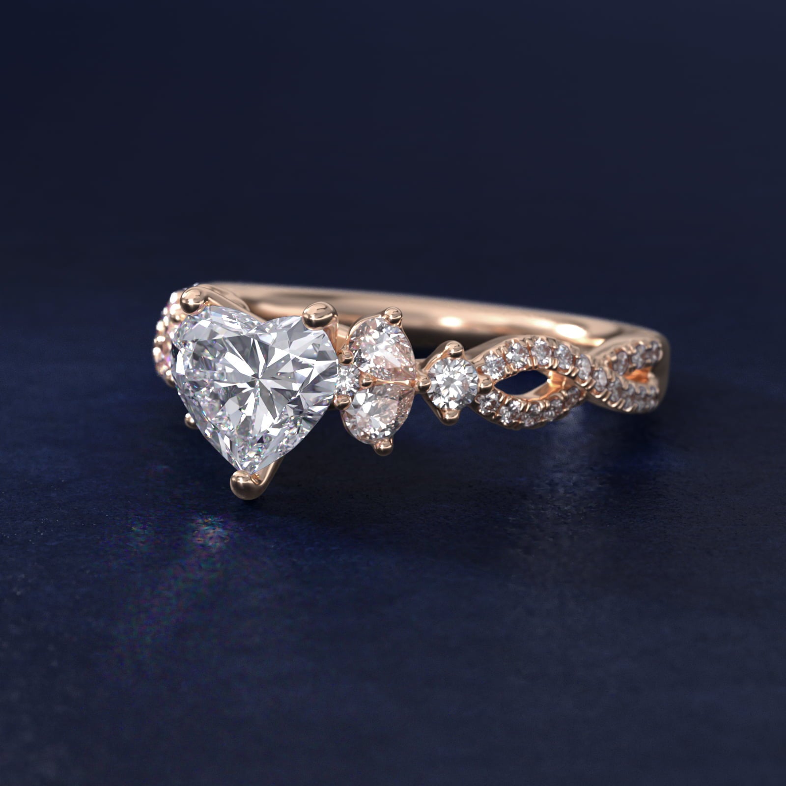 Romantic Twist Diamond Pear Accent Engagement Ring in 18k Rose Gold (1/4 ct. tw.) - Heart Center