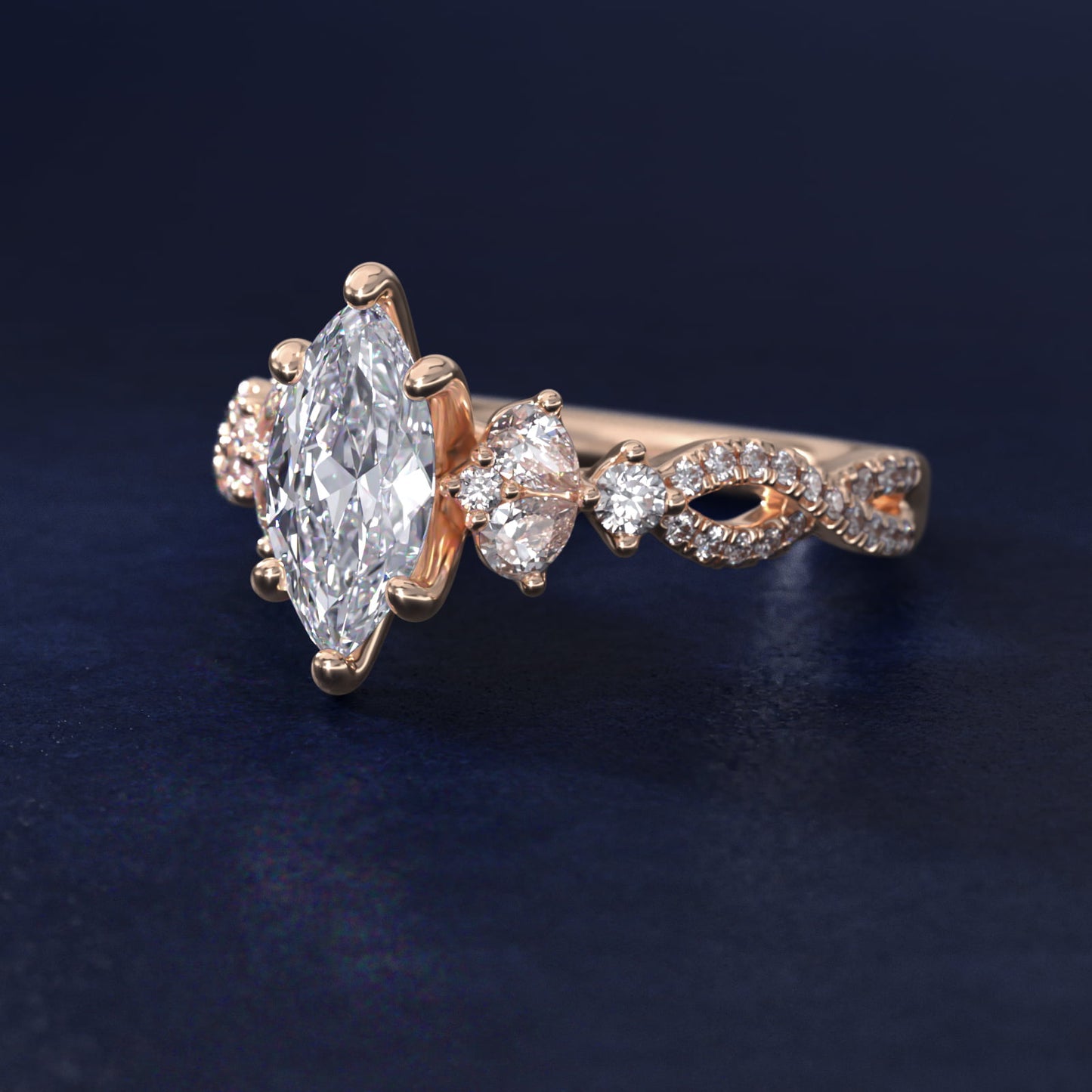 Romantic Twist Diamond Pear Accent Engagement Ring in 18k Rose Gold (1/4 ct. tw.) - Marquise Center