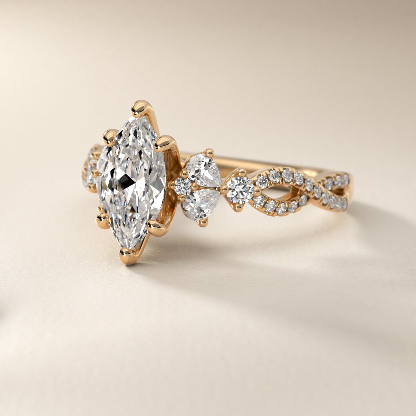 Romantic Twist Diamond Pear Accent Engagement Ring in 18k Yellow Gold (1/4 ct. tw.) - Marquise Center